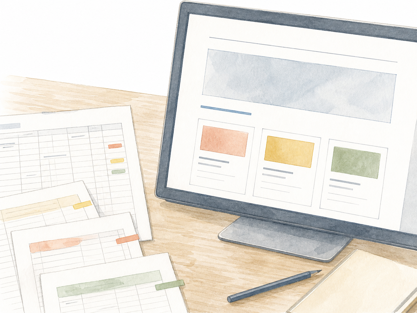 紙や表計算の業務をWebとクラウドへつなぐイラスト