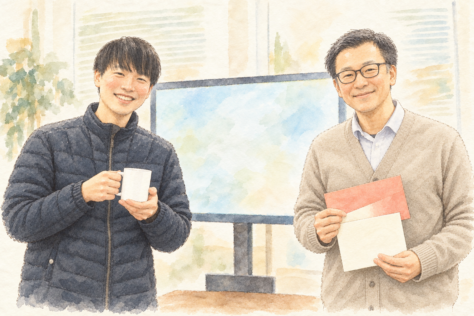 アワードを受賞した二人が、マグカップや賞品を手に笑顔で並ぶ水彩イラスト