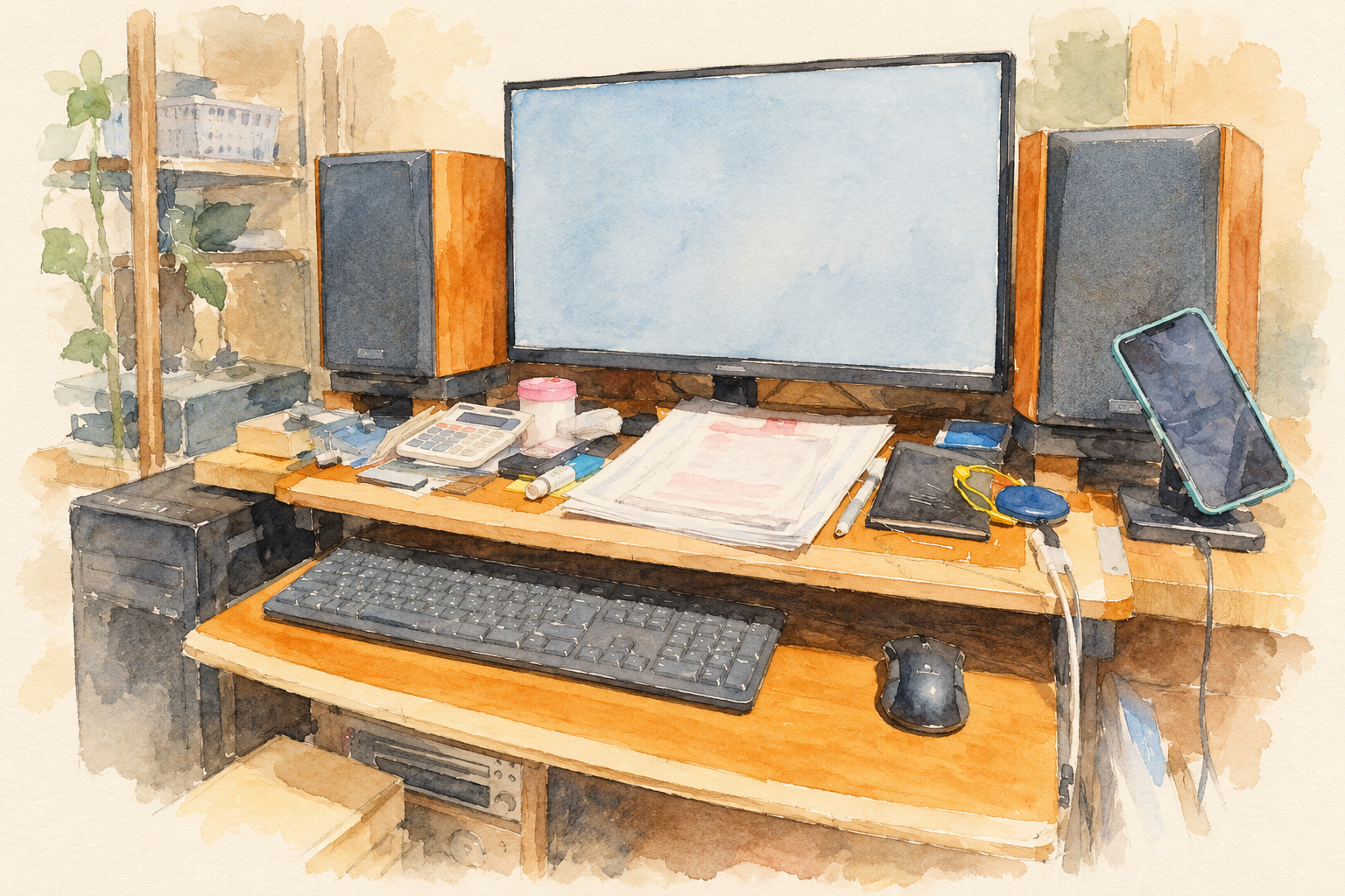 大型モニターと木枠のスピーカー、キーボード台が並ぶ白石さんのデスクを描いた水彩イラスト