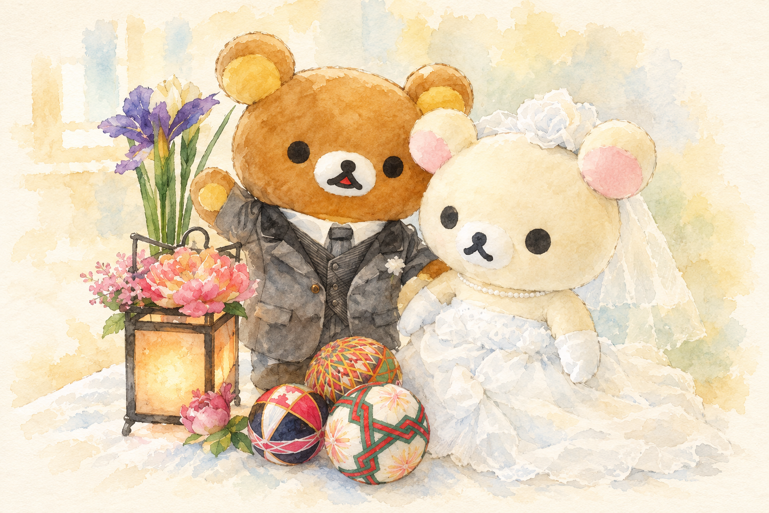 礼服のリラックマとウェディングドレスのコリラックマが、花と手まりに囲まれて並ぶ水彩イラスト