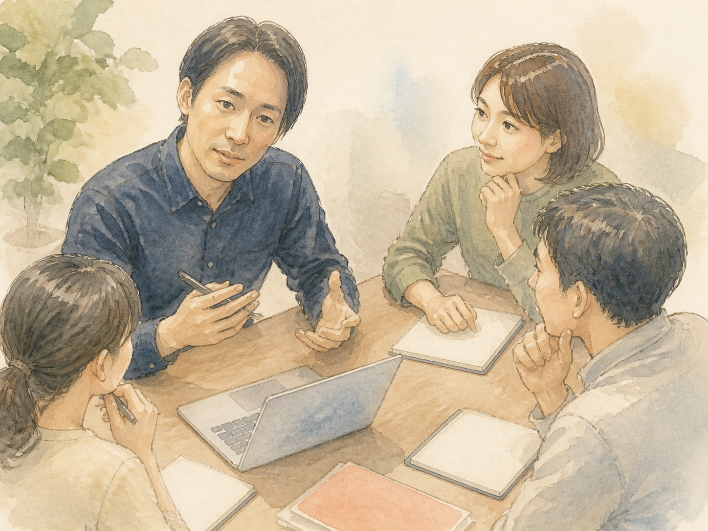 円になって意見を出し合うチームメンバーのイラスト