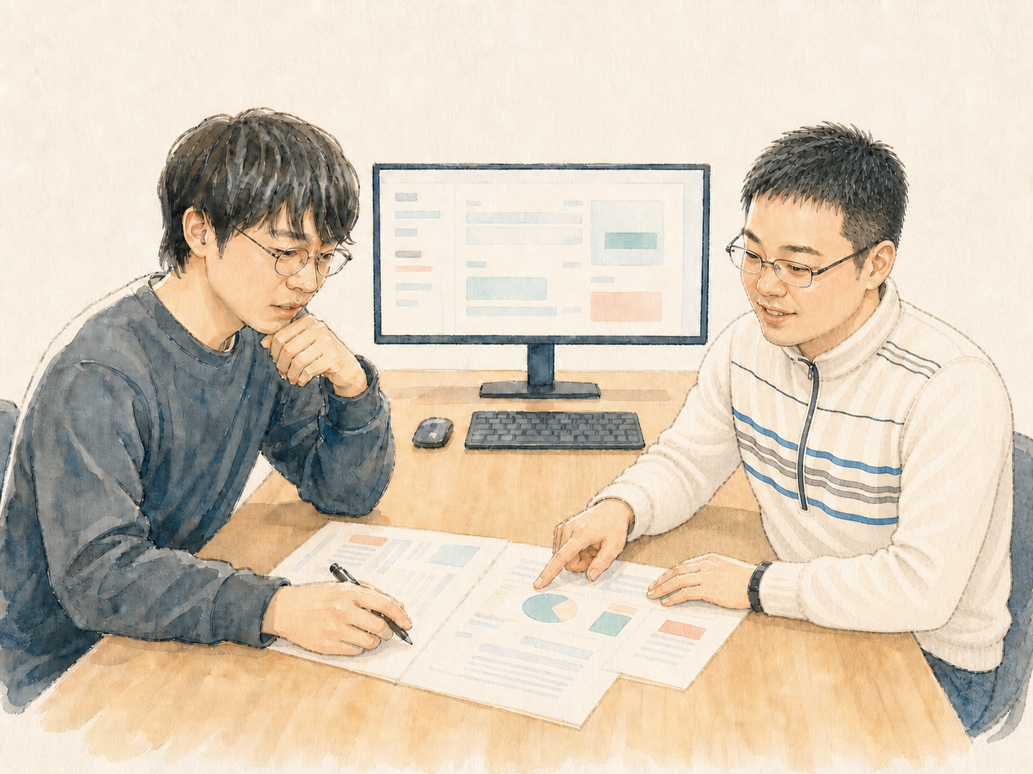 パソコンの前で相談しながら作業する同期2人のイラスト
