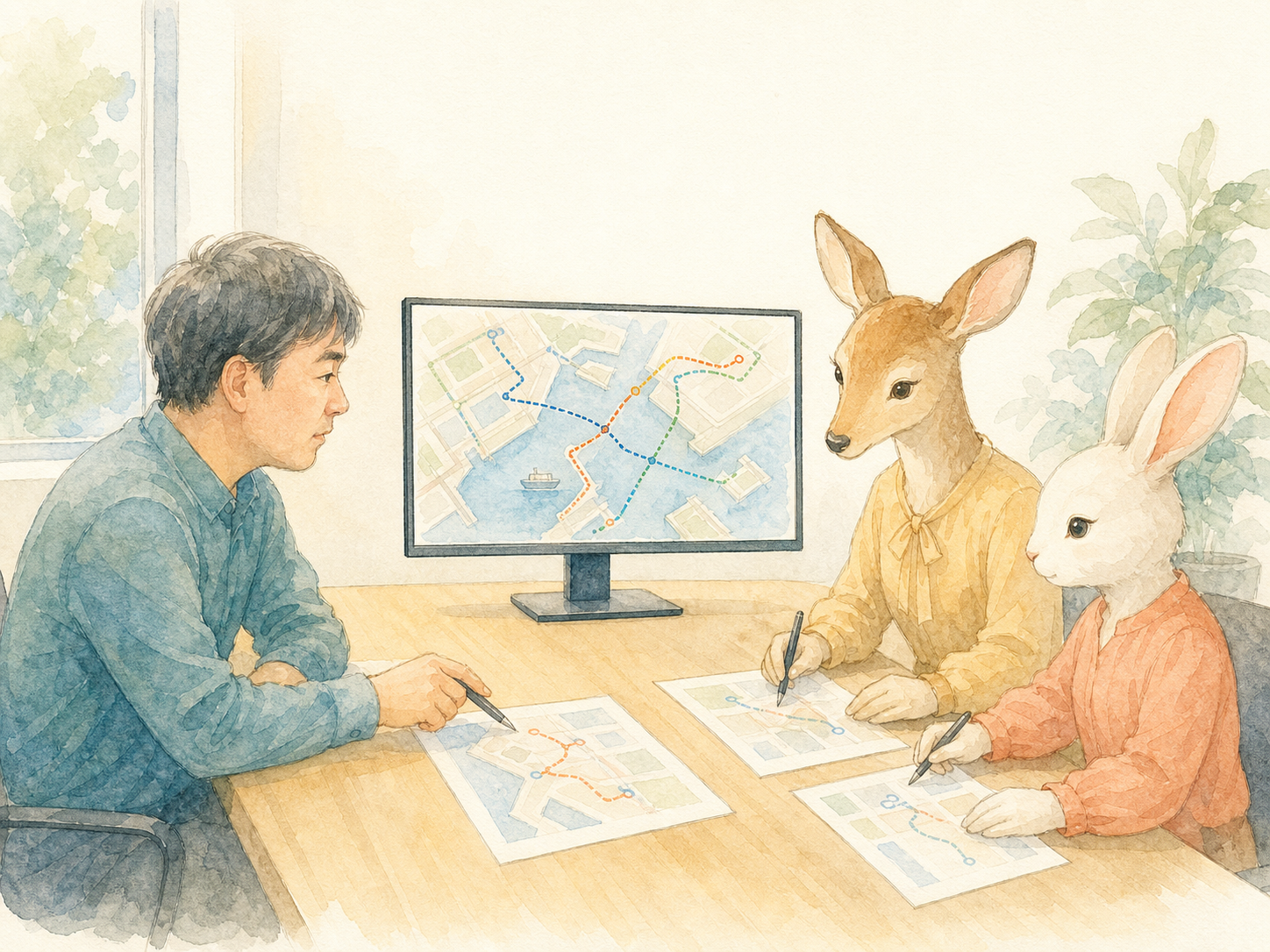 東京営業所のオフィスで打ち合わせをするメンバーのイラスト