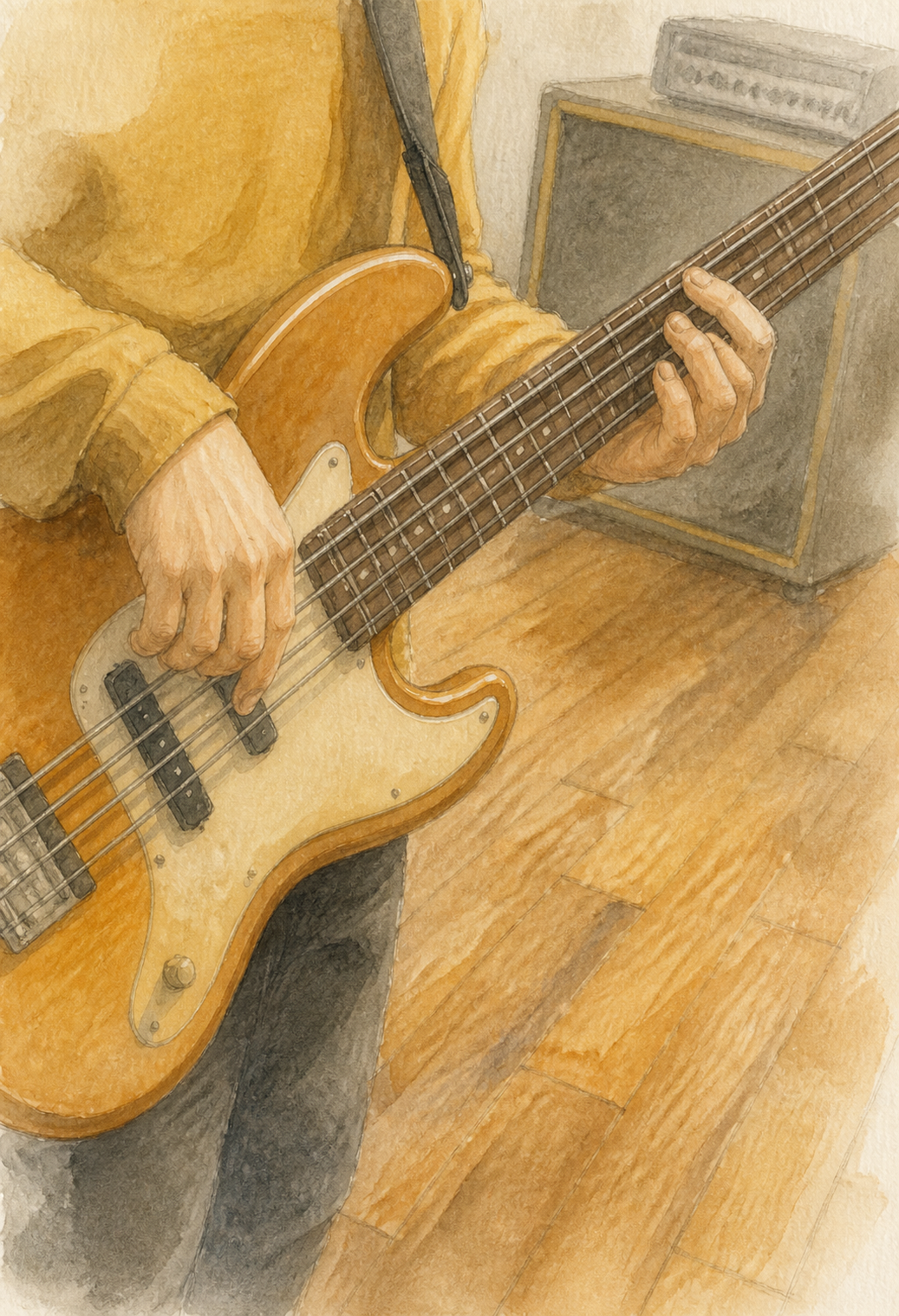 ベースを構える社員のイラスト