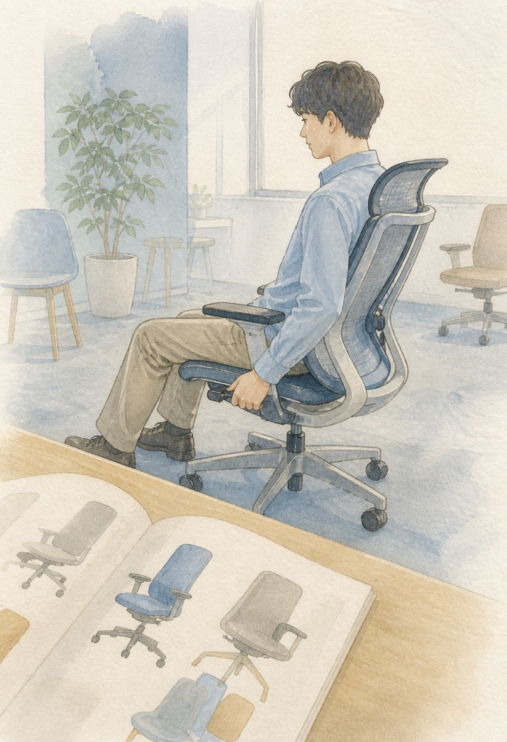 オフィスチェアを検討する社員のイラスト